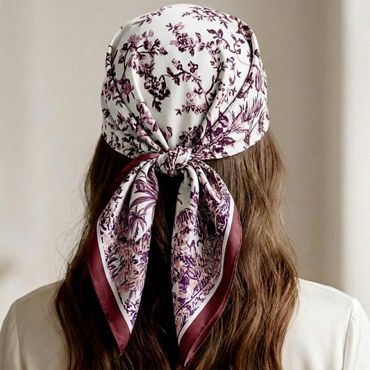 Foulard carré toucher soie Toile de Jouy Floralis Ivoire & Prune - 70 x 70 cm