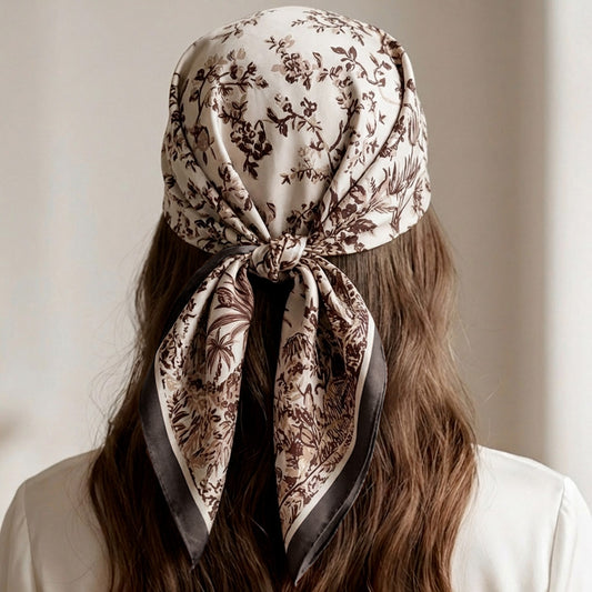 Foulard carré toucher soie Toile de Jouy Floralis Sépia  - 70 x 70 cm