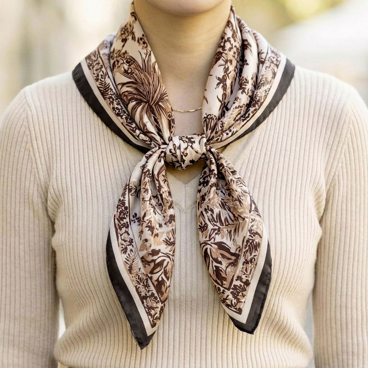 Foulard carré toucher soie Toile de Jouy Floralis Sépia  - 70 x 70 cm