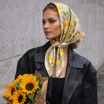 Foulard carré toucher soie Lemon Azur Doré 70x70cm