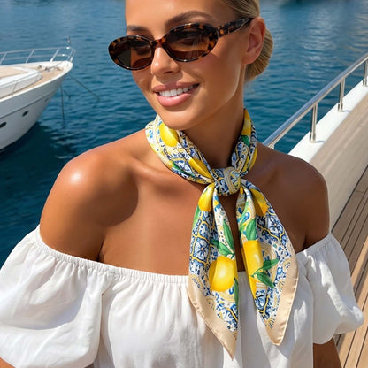 Foulard carré toucher soie Lemon Azur Doré 70x70cm