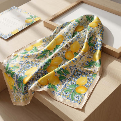 Foulard carré toucher soie Lemon Azur Doré 70x70cm