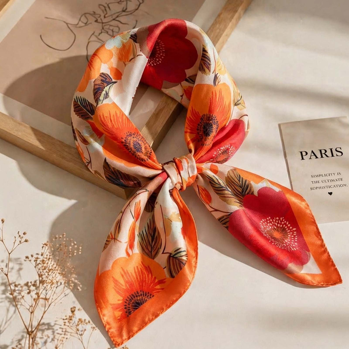 Foulard carré toucher soie Fleur de Feu 70x70cm
