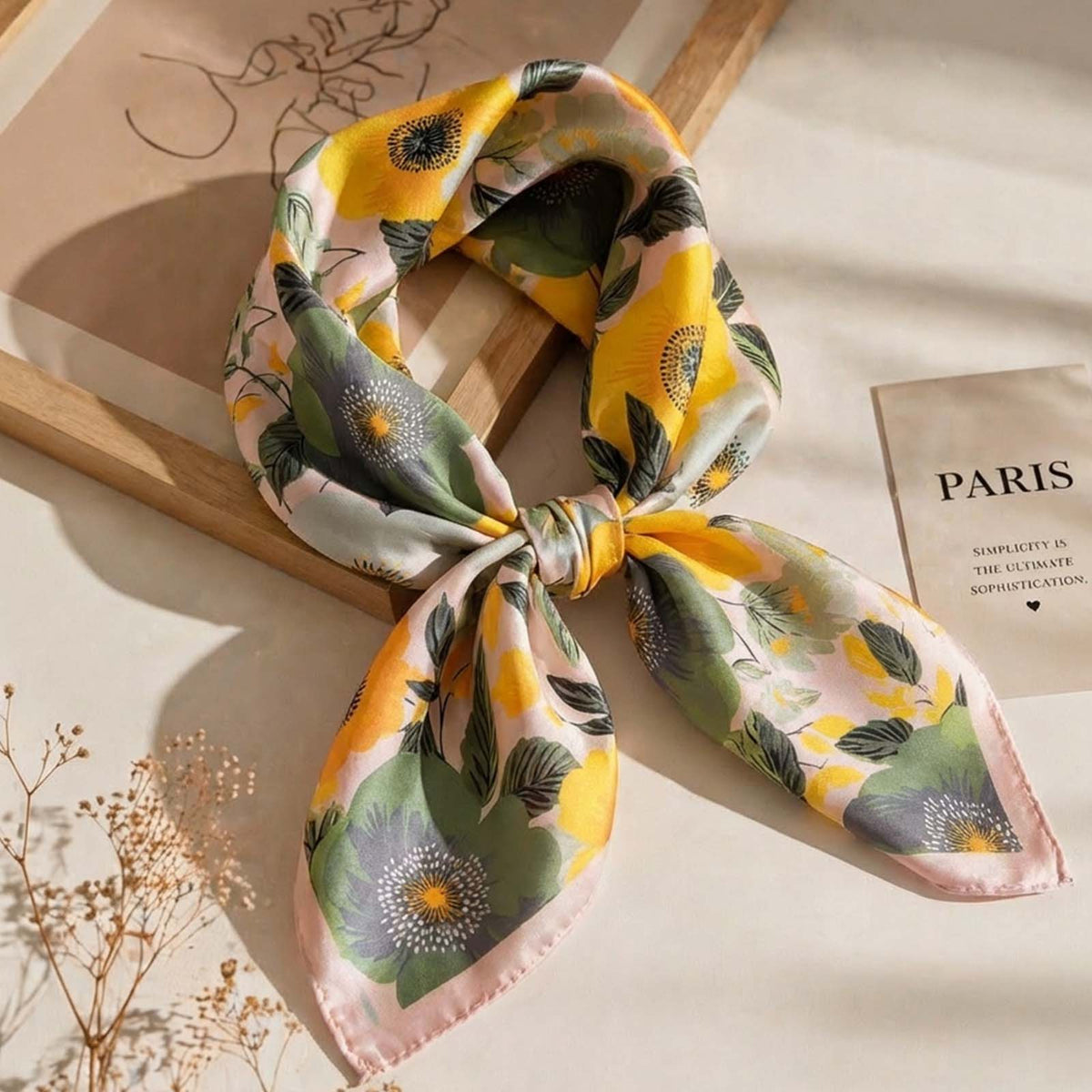 Foulard carré toucher soie Prairie Dorée 70x70cm