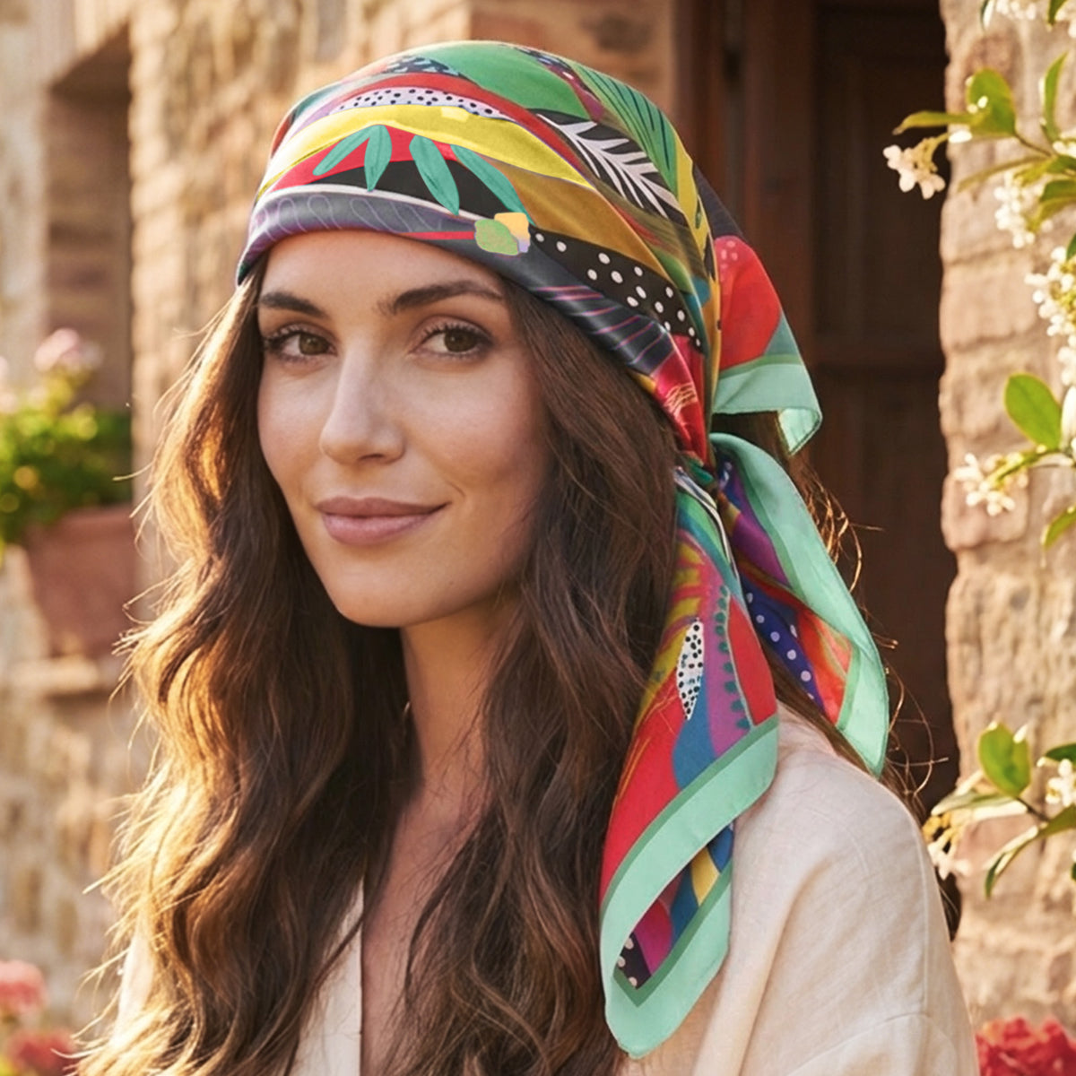 Foulard carré toucher soie Palette Tropicale 70 x 70 cm