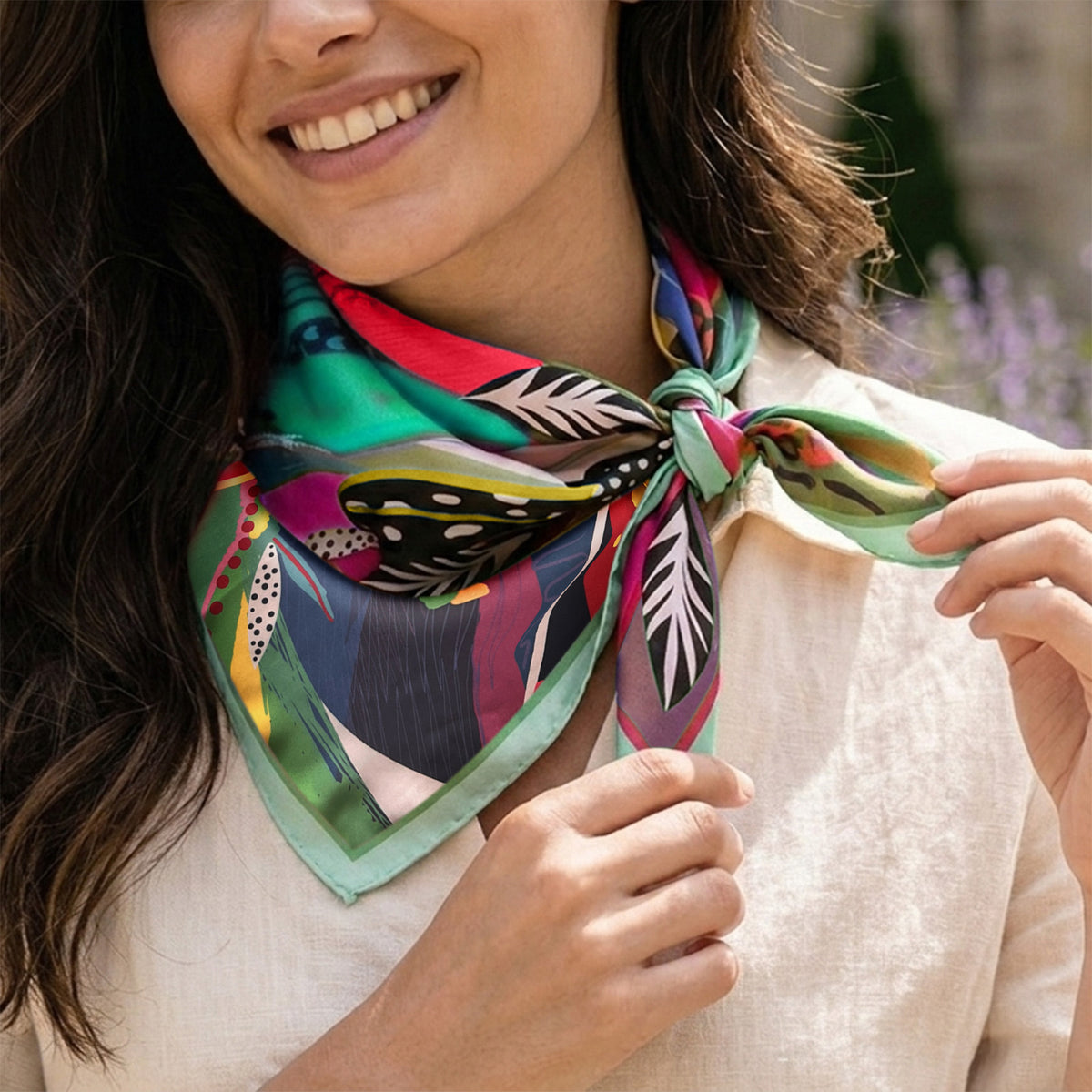 Foulard carré toucher soie Palette Tropicale 70 x 70 cm