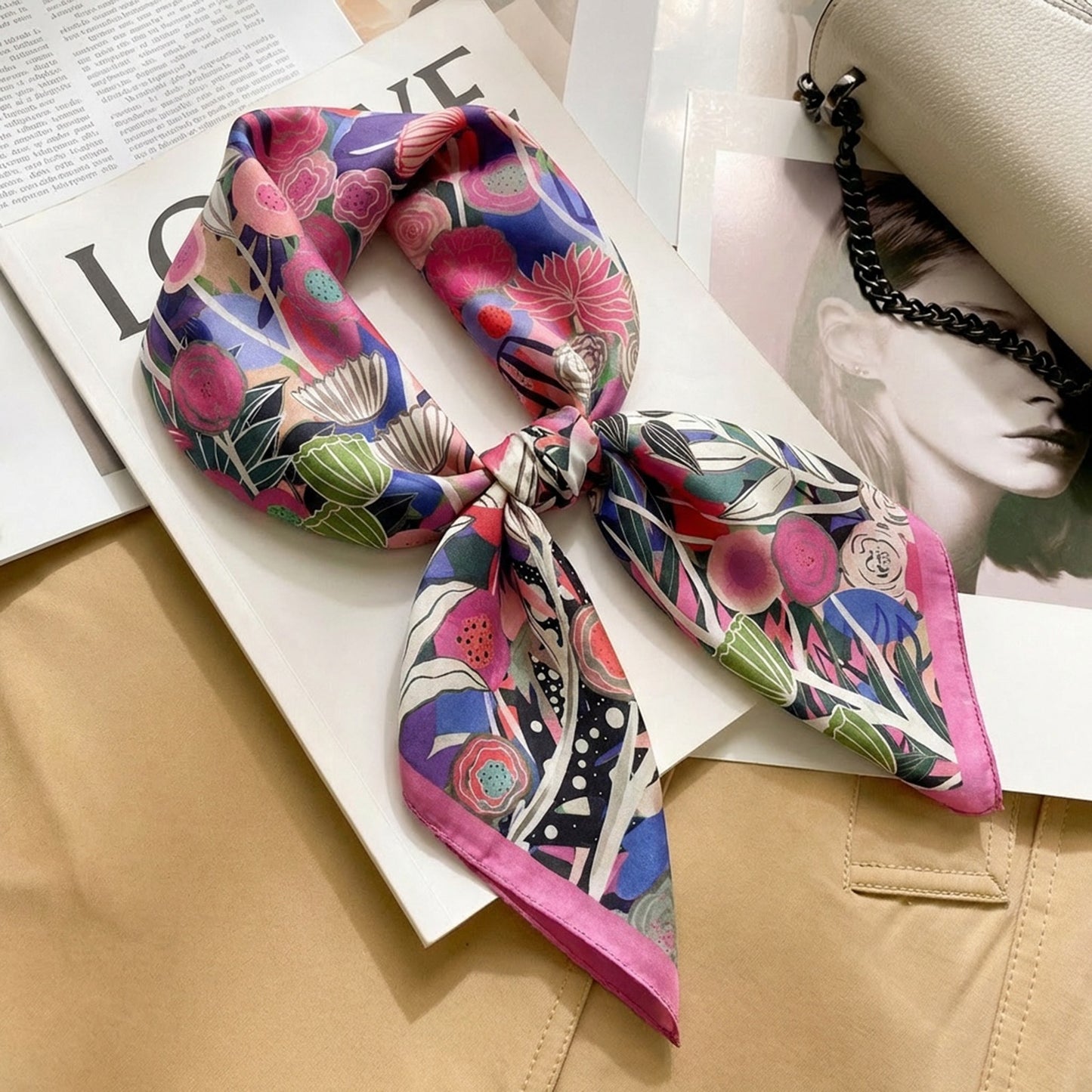 Foulard carré toucher soie Fresque Florale 70x70cm
