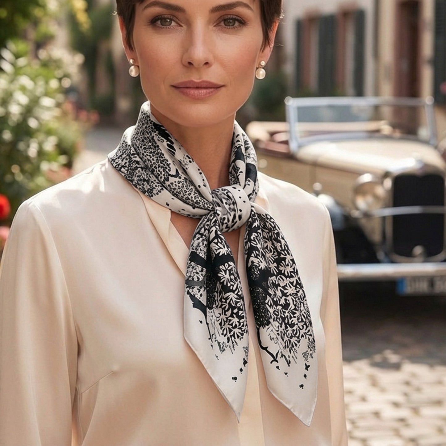 Foulard carré effet soie Jardin Illustré Monochrome 70x70cm