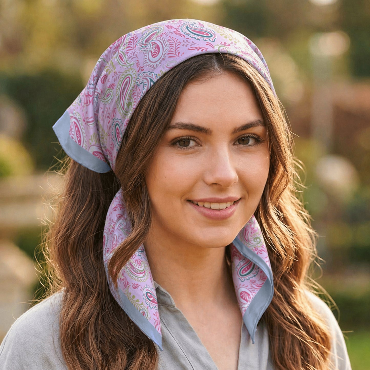 Foulard carré toucher soie Cachemire Rosée Claire 70x70cm