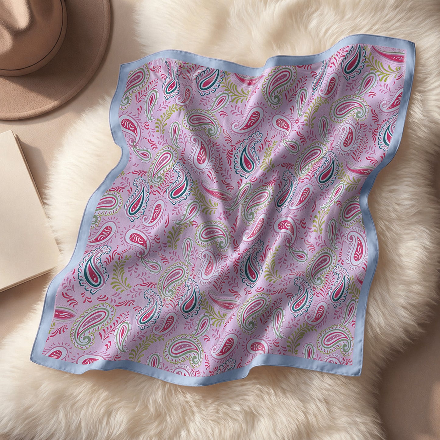 Foulard carré toucher soie Cachemire Rosée Claire 70x70cm