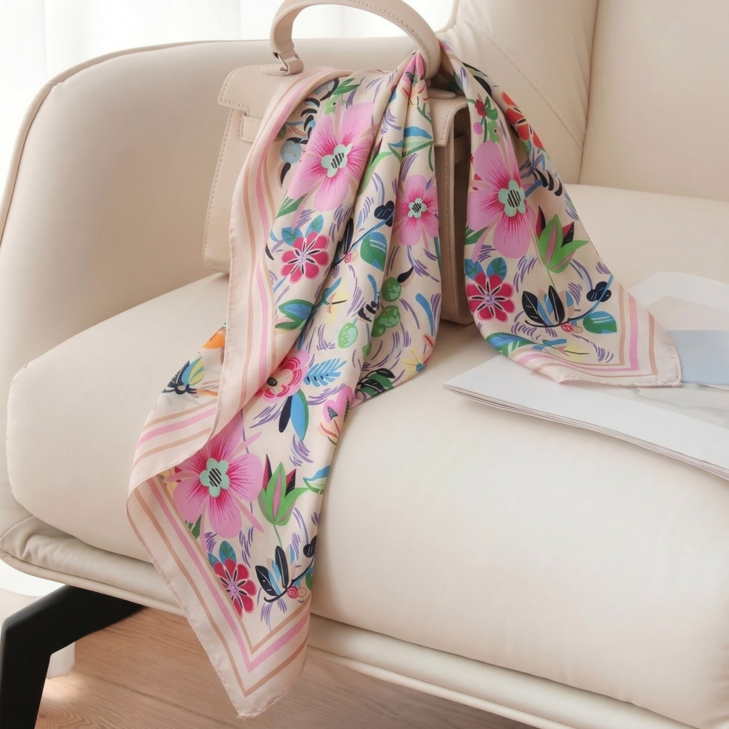 Foulard carré toucher soie Blush Garden 70x70cm