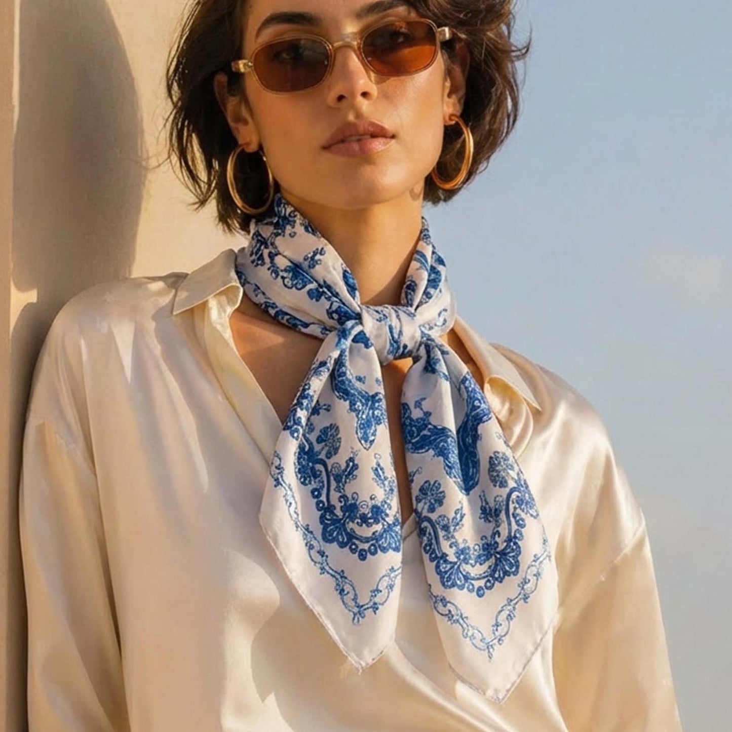 Foulard carré toucher soie Fleurs de Porcelaine 70x70cm