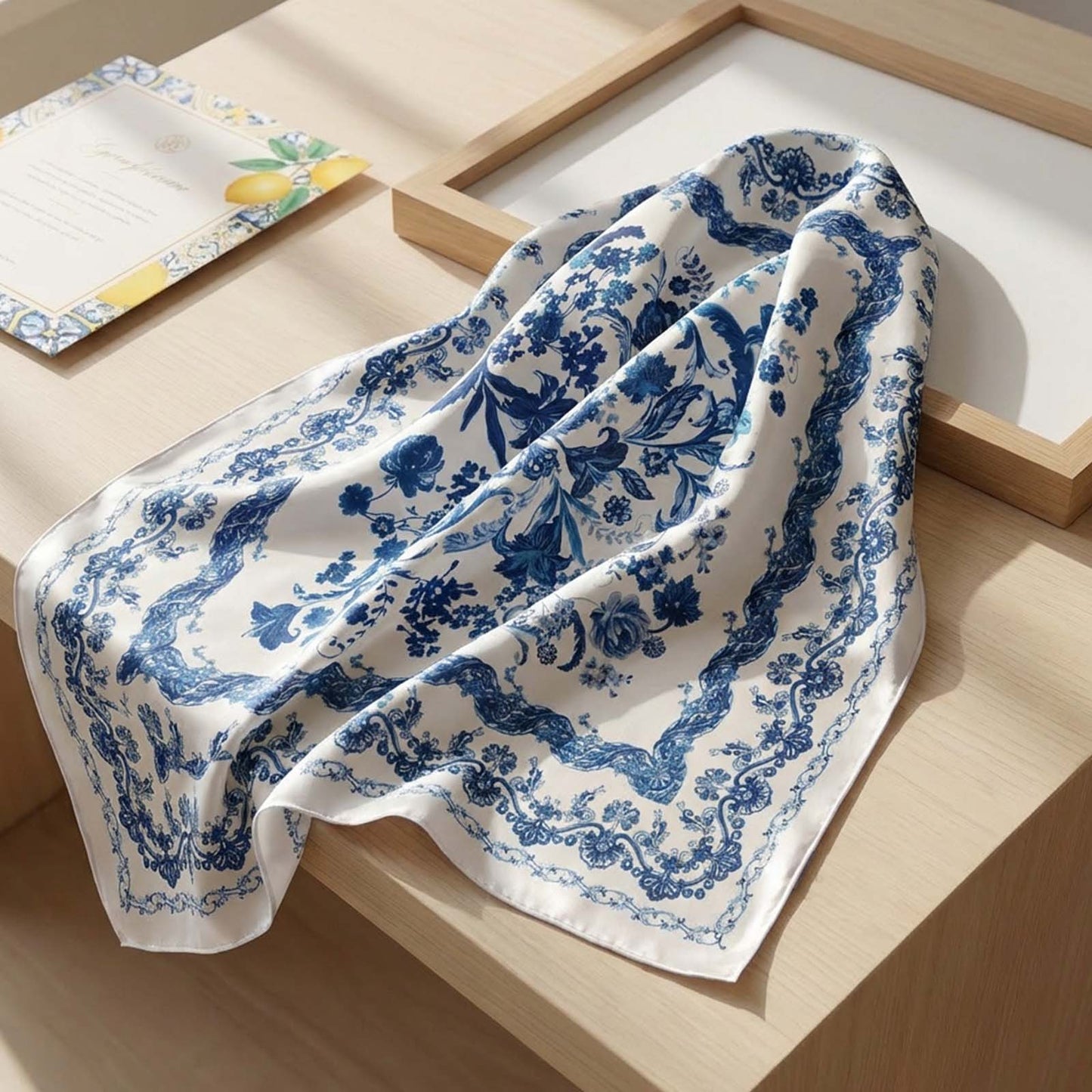 Foulard carré toucher soie Fleurs de Porcelaine 70x70cm