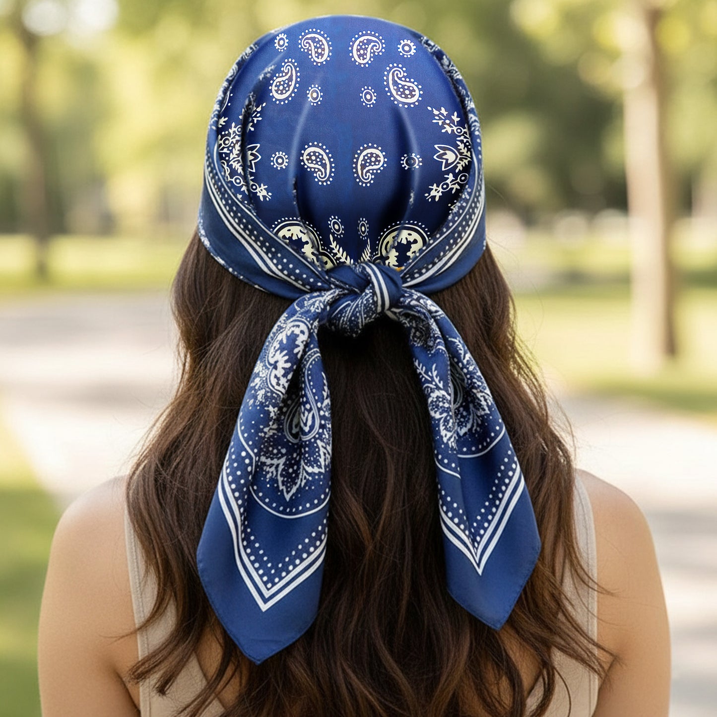 Foulard carré floral effet soie Blue Folk - 70 x 70 cm