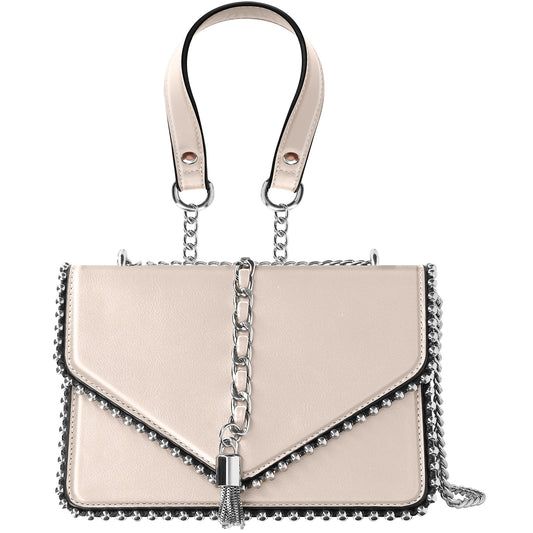Sac à Main Clouté à Anse en Chaîne Métallique Le Petit Flâneur Beige