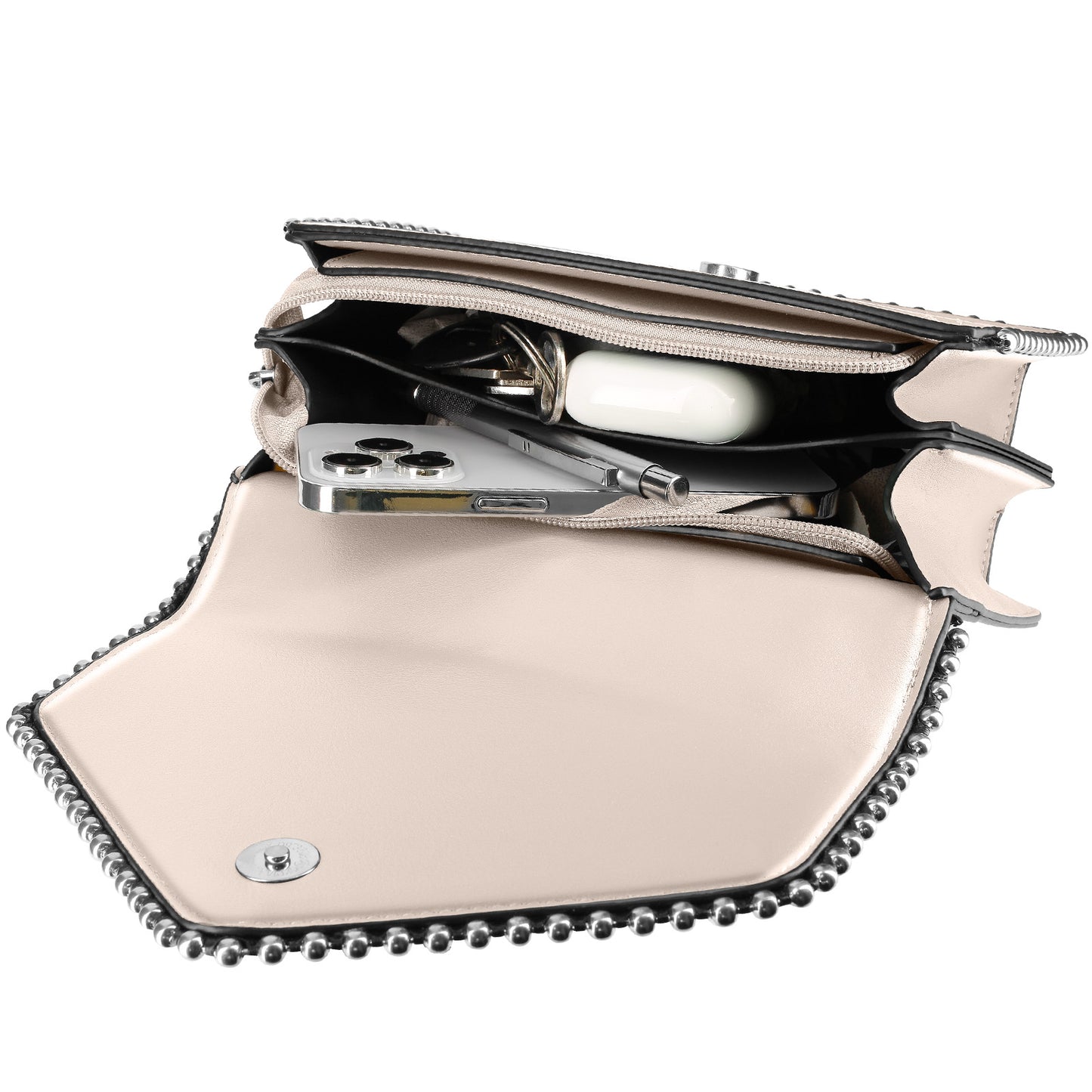 Sac à Main Clouté à Anse en Chaîne Métallique Le Petit Flâneur Beige