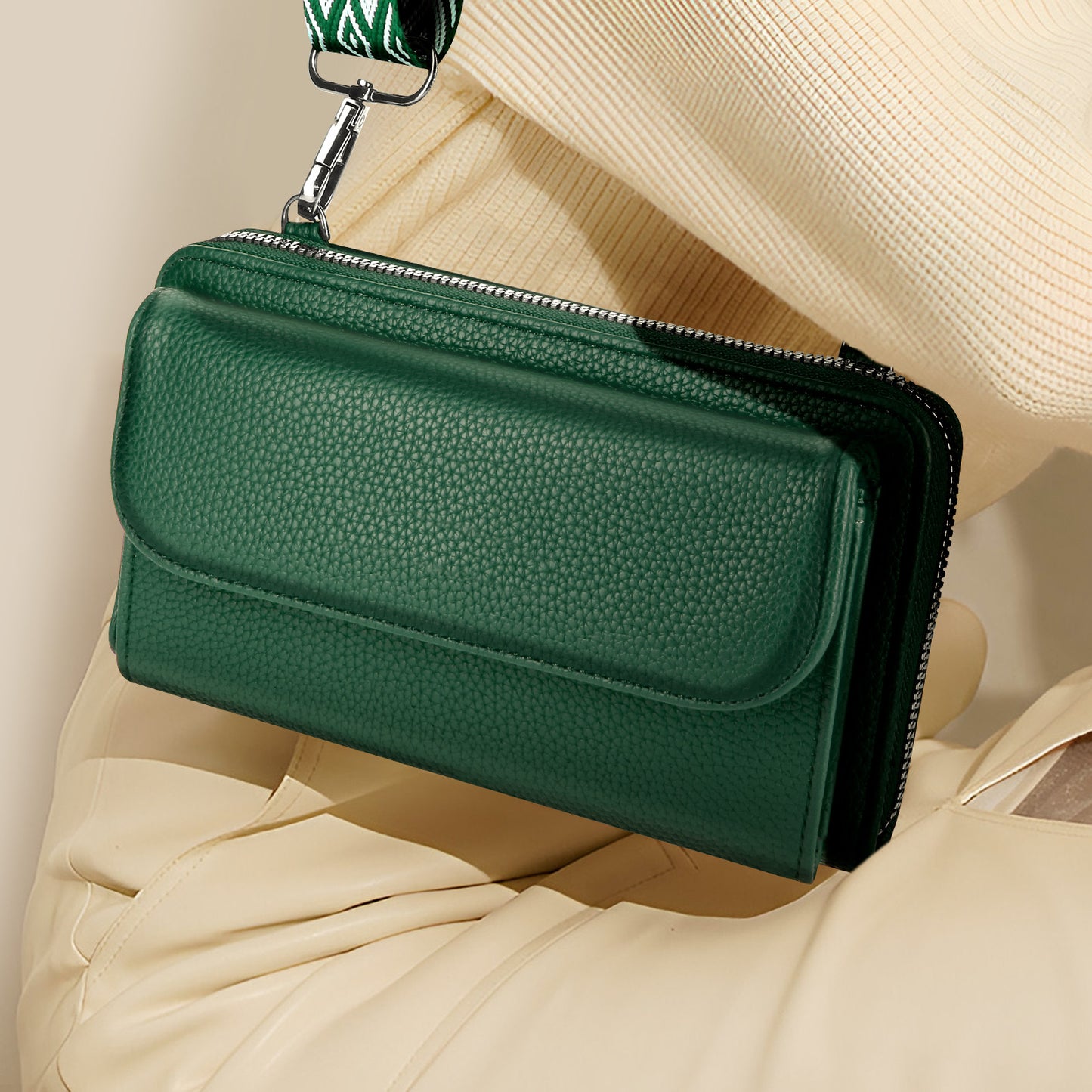 Sac Portefeuille Bandoulière en Cuir Alizée Vert Foncé