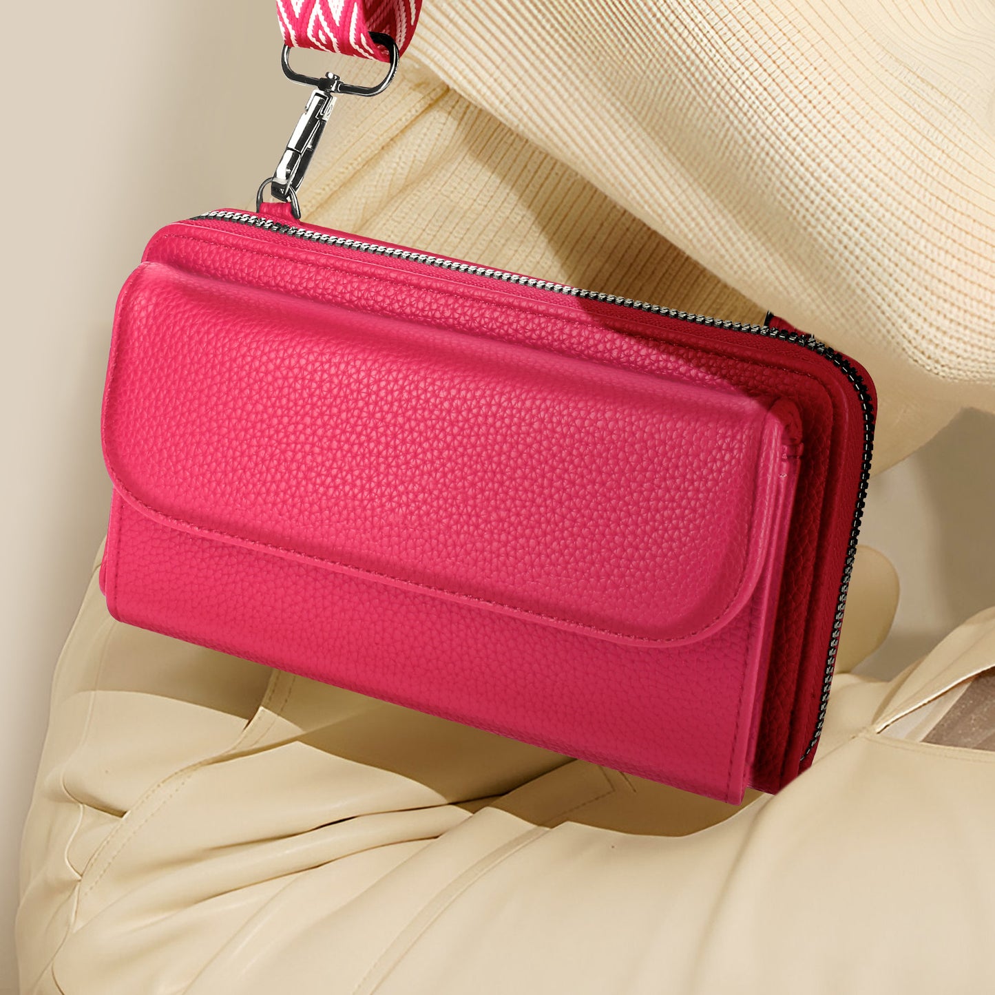Sac Portefeuille Bandoulière en Cuir Alizée Fuchsia