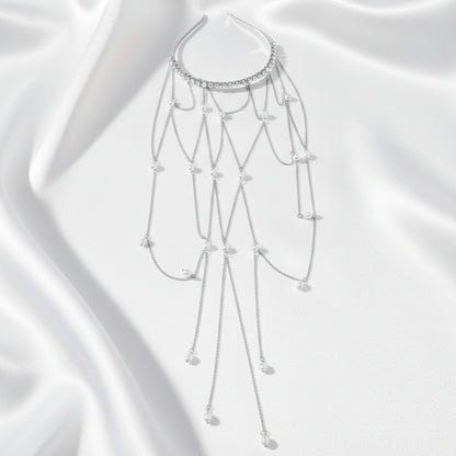 Chaîne de Tête Argenté Bohème Chic avec Cascades de Chaînes et Perles Pampilles