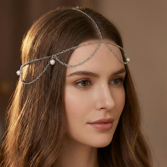 Collier de Tête Bohème Raffiné avec Chaînes Fines et Perles Raffinées Argenté