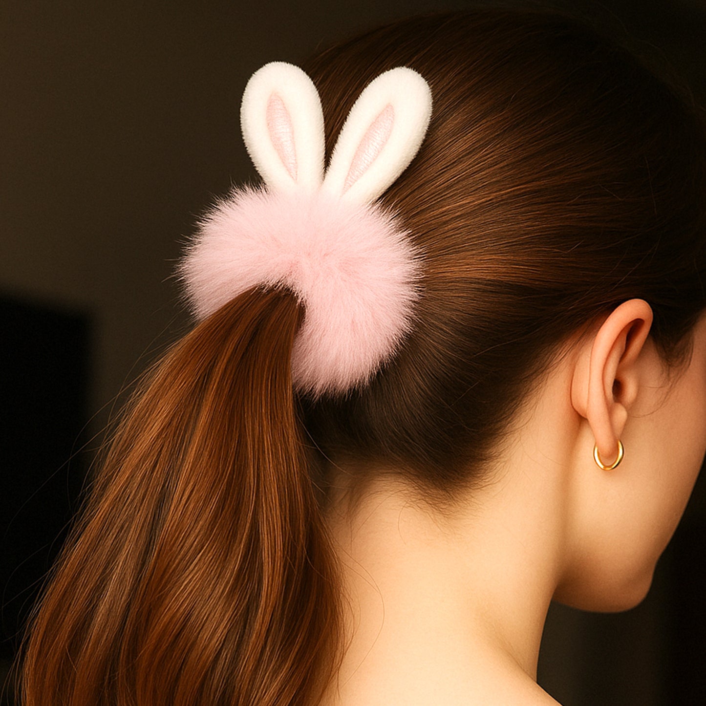Chouchou Fluffy Oreilles de Lapin Rose