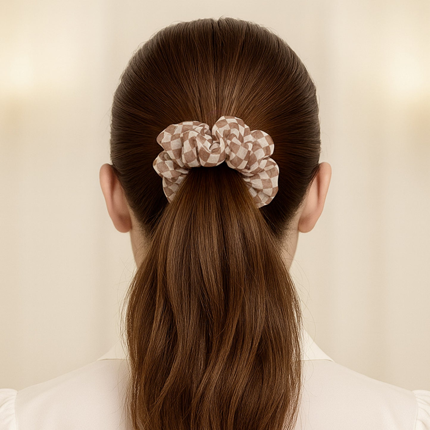 Chouchou XXL en Voile Damier Anya Marron