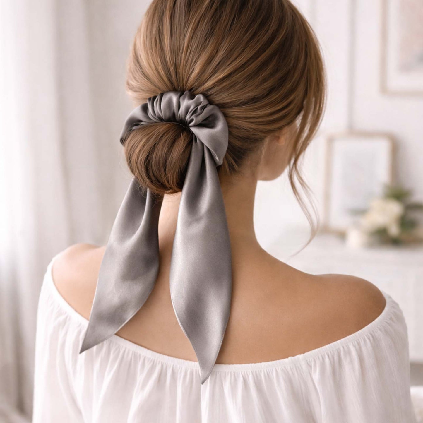 Chouchou en Satin Papillon Mariposa Gris