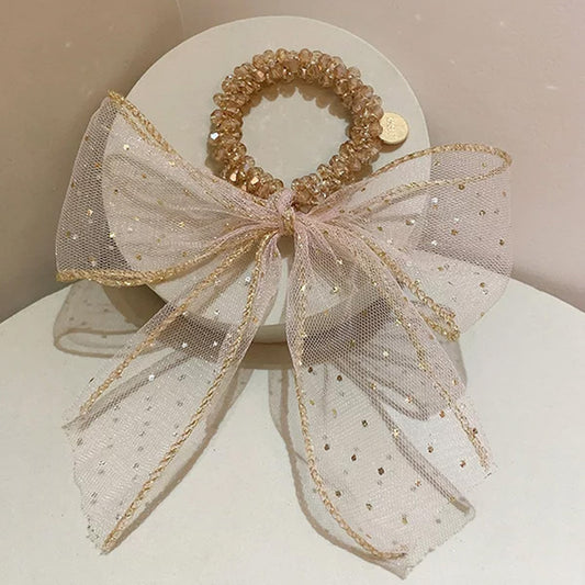 Chouchou en Perles Nœud Impérial - Beige Champagne & Cercle Rose