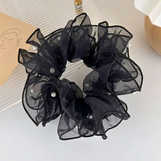 Chouchou en Tissu Léger Noir avec Perles - Collection Gisèle
