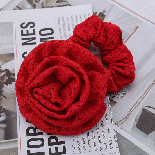 Chouchou en Rose 3D pour Cheveux en Tulle Ajouré Brodé Vintage Rouge