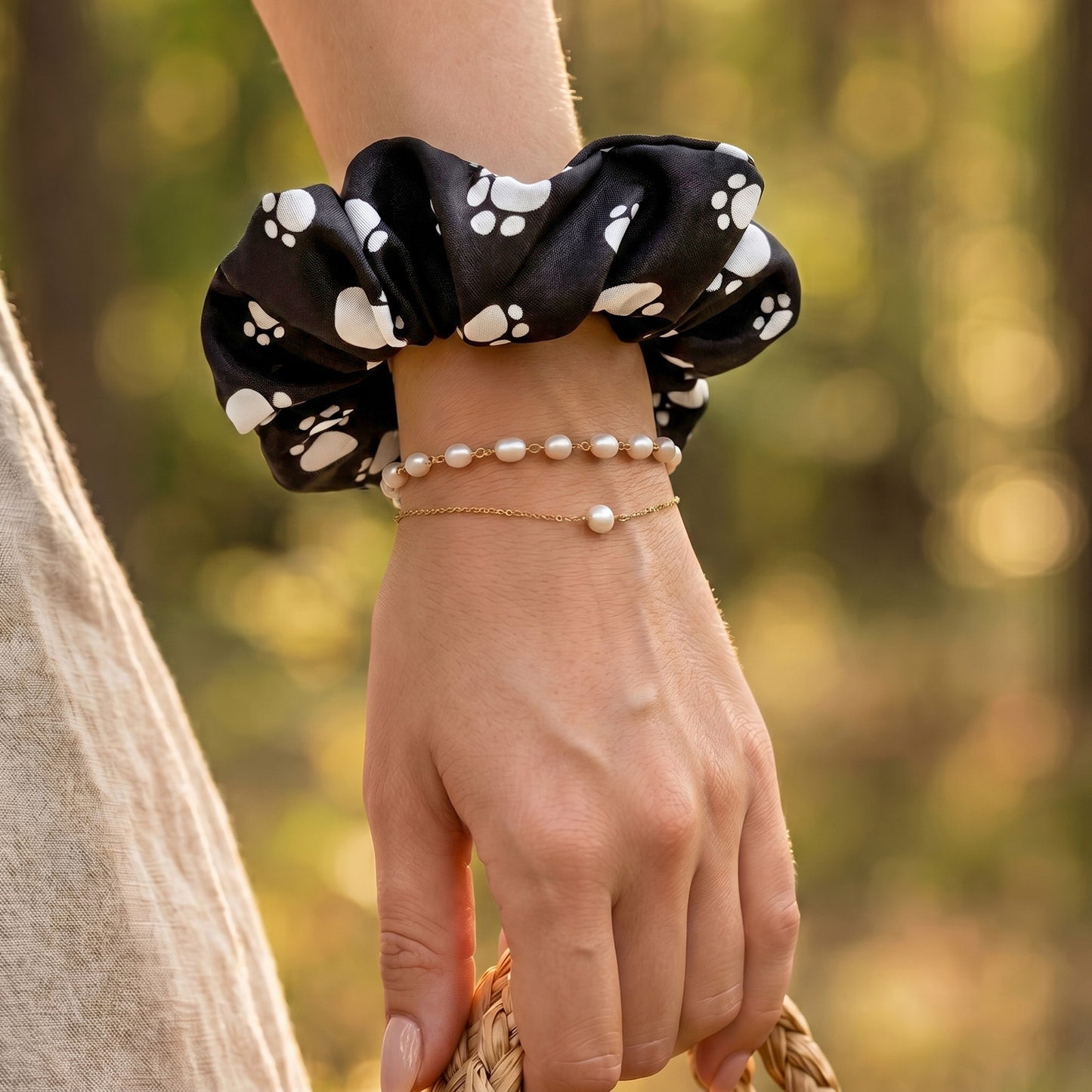 Chouchou en Tissu Mayfair Noir Motif Petites Pattes Chic