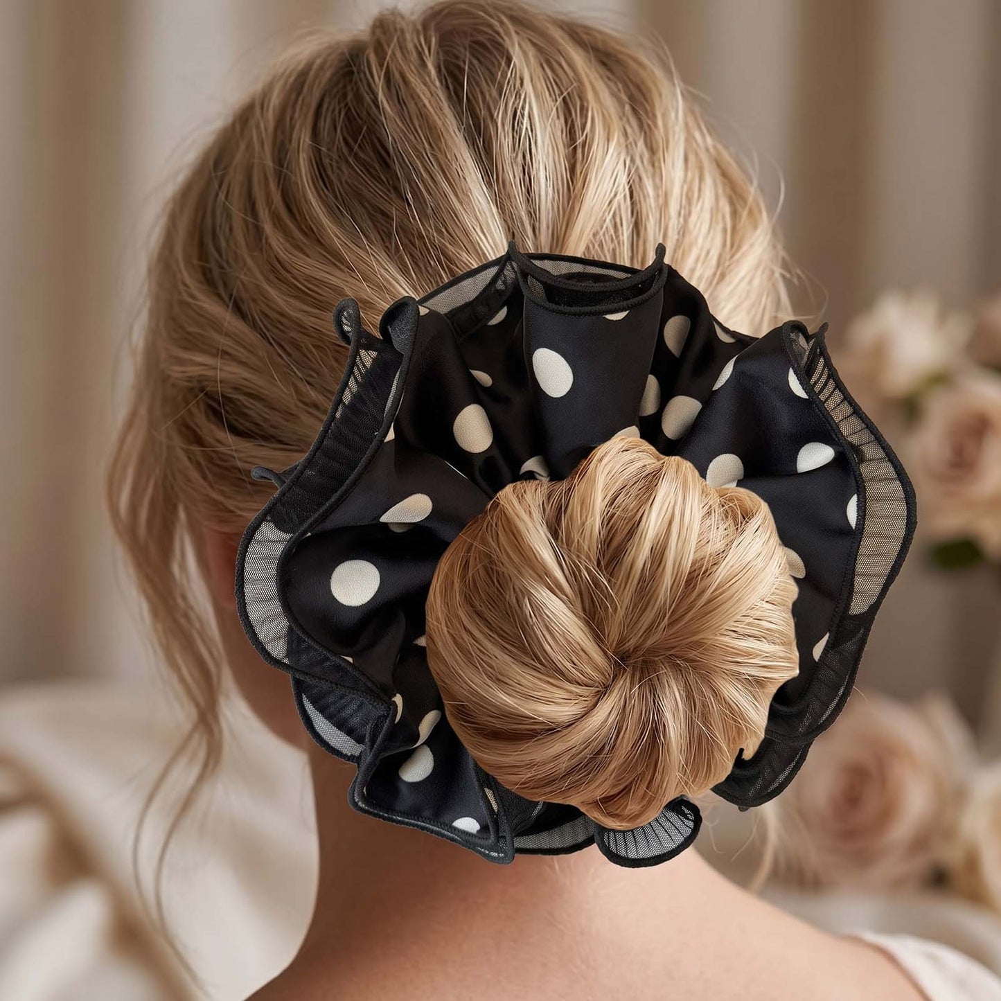 Chouchou XXL Vintage Dolce à Pois avec Bordure en Tulle Noir