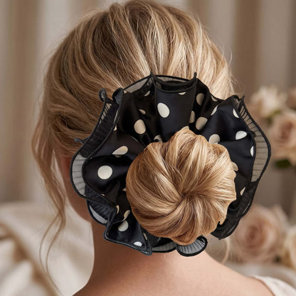 Chouchou XXL Vintage Dolce à Pois avec Bordure en Tulle Noir