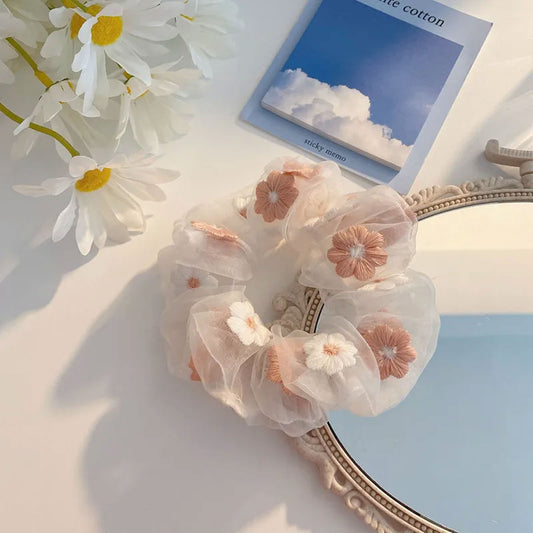 Chouchou en Voile et Fleurs Brodées Marina Rose Pêche