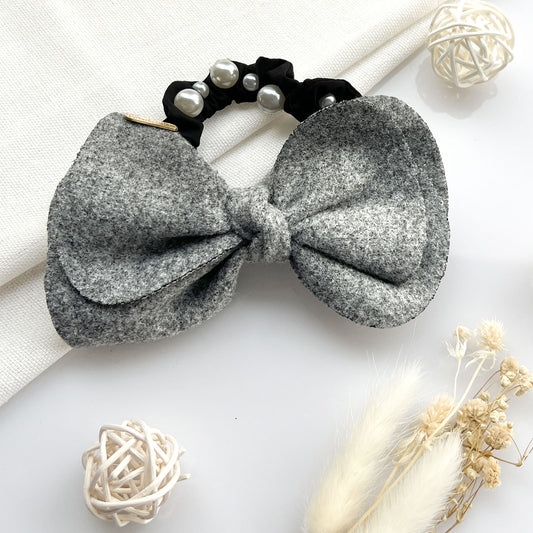 Chouchou en Satin à Nœud & Perles Gris