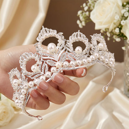 Couronne Argentée Diamant Perlée et Plumes de Paon avec Cristaux Scintillants