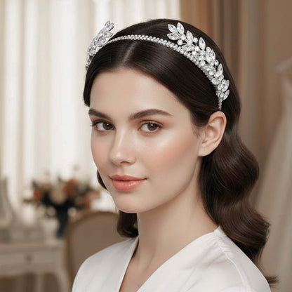Couronne Fine Argentée Strass et Feuilles en Cristal Style Bohème Chic