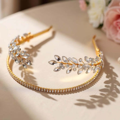 Couronne Fine Dorée Strass et Feuilles en Cristal Style Bohème Chic