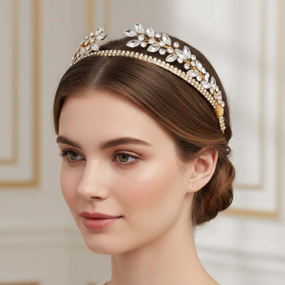 Couronne Fine Dorée Strass et Feuilles en Cristal Style Bohème Chic