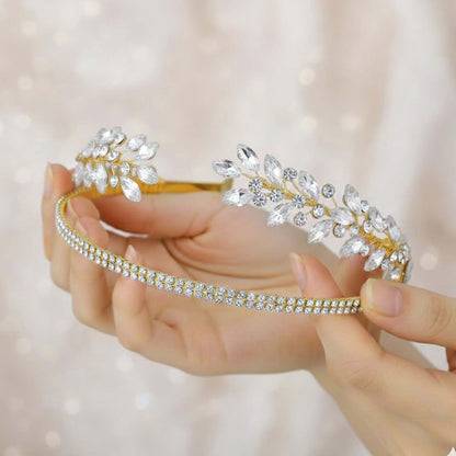 Couronne Fine Dorée Strass et Feuilles en Cristal Style Bohème Chic