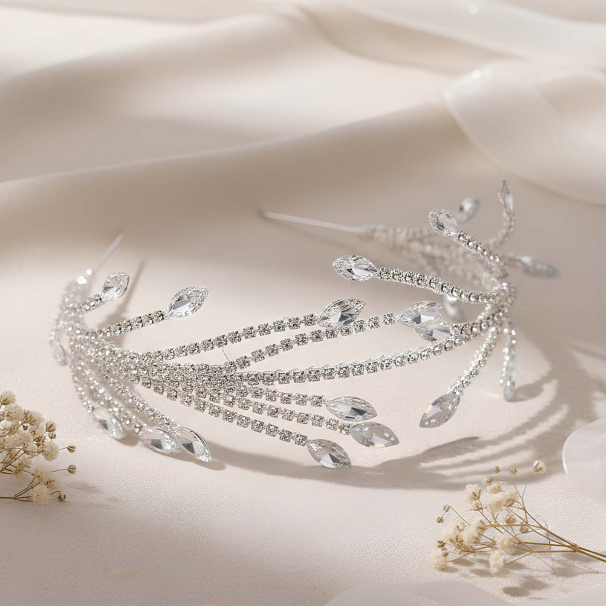 Couronne Fine Argenté Cristaux Gouttes Scintillantes à Strass et Cristaux Marquise