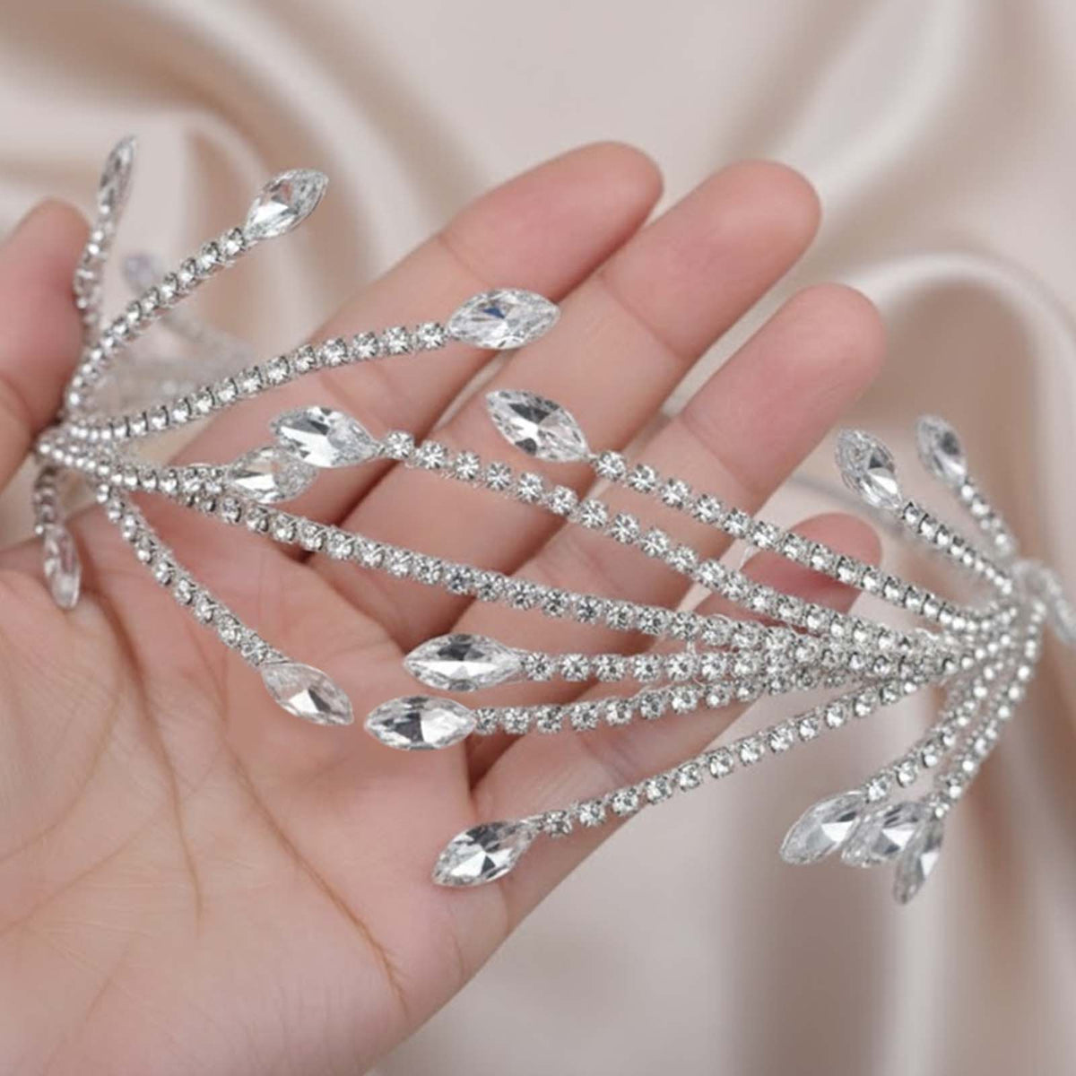 Couronne Fine Argenté Cristaux Gouttes Scintillantes à Strass et Cristaux Marquise
