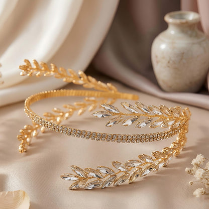 Couronne Grâce Antique Doré à Double Rang Feuilles de Lauriers en Cristaux Raffinée