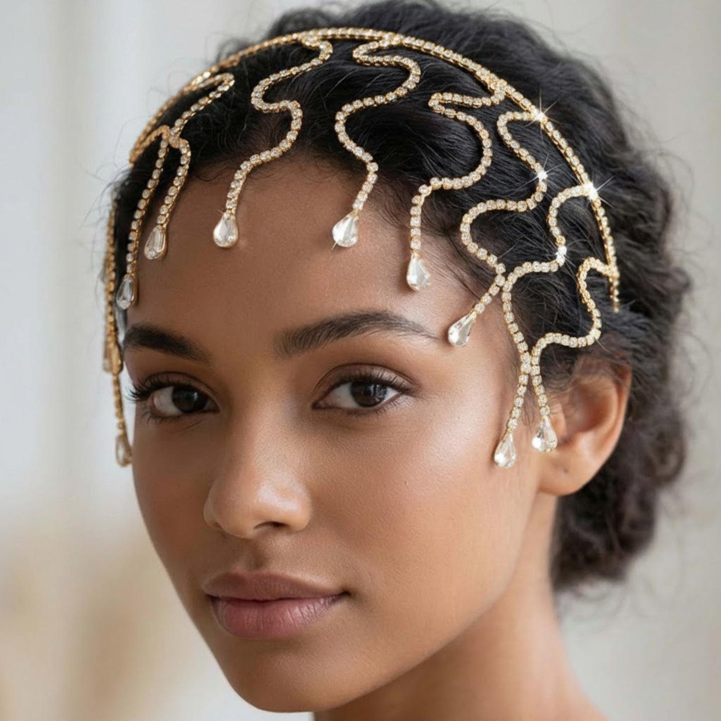 Bijou de Tête Grâcieuse Doré avec Arabesques en Strass Délicats
