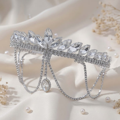 Parure de Tête Fine Argentée avec Frange Cristallisé et à Motif Feuilles Marquise