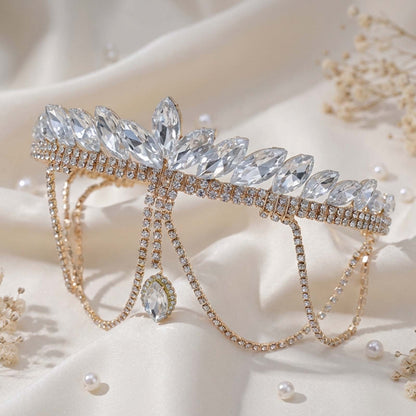 Parure de Tête Fine Dorée avec Frange Cristallisé et à Motif Feuilles Marquise