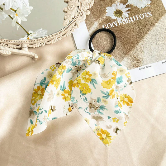 Élastique Foulard pour Cheveux à Ruban en Voile Fleuri Romantique Jaune