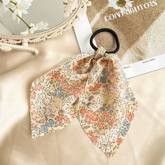 Élastique Foulard pour Cheveux à Ruban en Voile Fleuri Romantique Beige