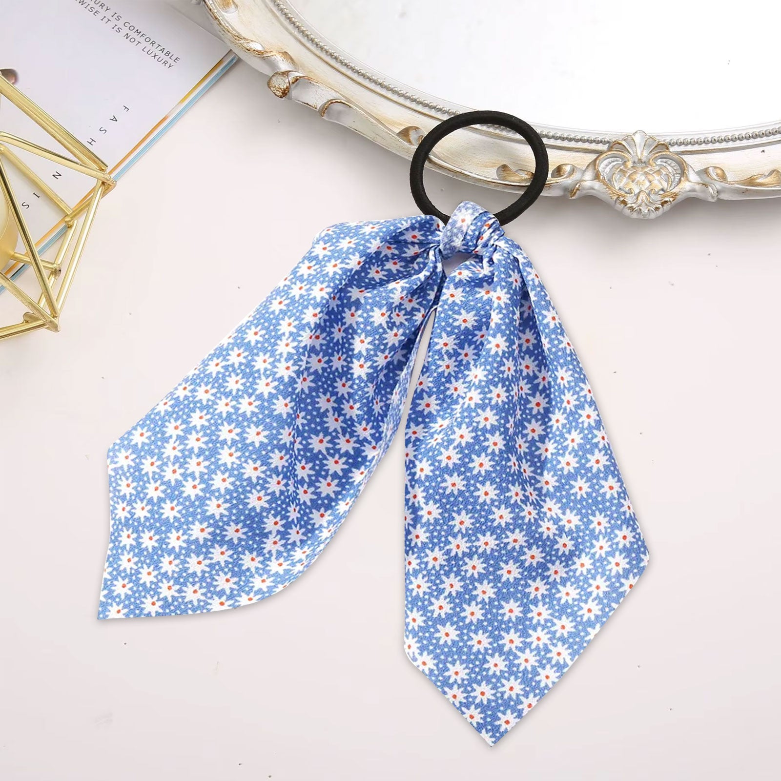 Élastique Foulard pour Cheveux à Ruban en Voile Fleuri Romantique Bleu