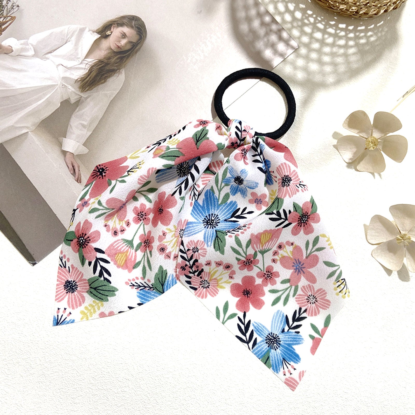 Élastique Foulard pour Cheveux à Ruban en Voile Fleuri Tropical Rose